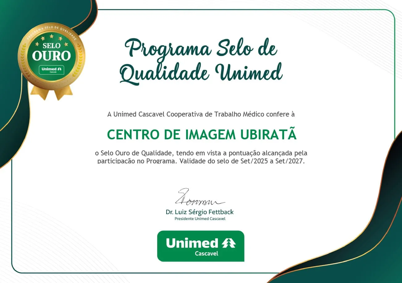 Certificado Selo Ouro de Qualidade Unimed Cascavel conferido ao Centro de Imagem Ubiratã